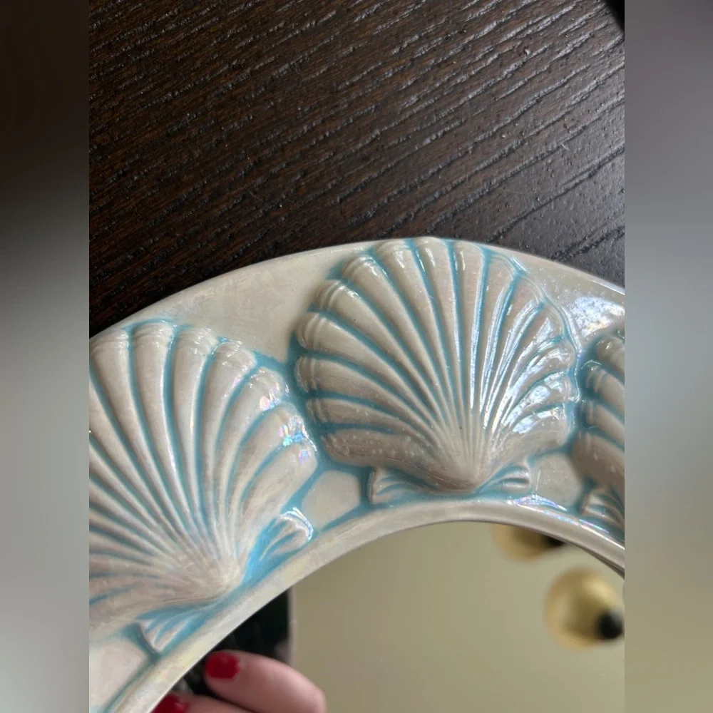 Vintage RARE Ceramic Hand Painted Scallop Seashell Oval Framed Wall Mirror